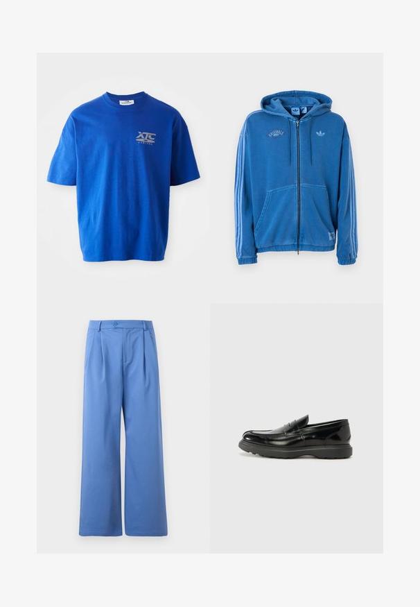 Sudadera con capucha azul de cremallera completa con cordones, bolsillos delanteros, tres franjas azul claro en las mangas y logotipo de Adidas en el pecho y etiquetas.; Camiseta de algodón azul con mangas cortas, con un logo gris en la parte superior izquierda del pecho, escote redondo y un corte relajado.; Pantalones amplios azul de tejido suave. Tiene un cierre de botón y pliegues en la parte delantera. Cintura plana y sin bolsillos.; Mocasín de cuero negro con un acabado brillante, punta redondeada, detalles de costura sutiles y una suela de goma gruesa para mayor durabilidad.