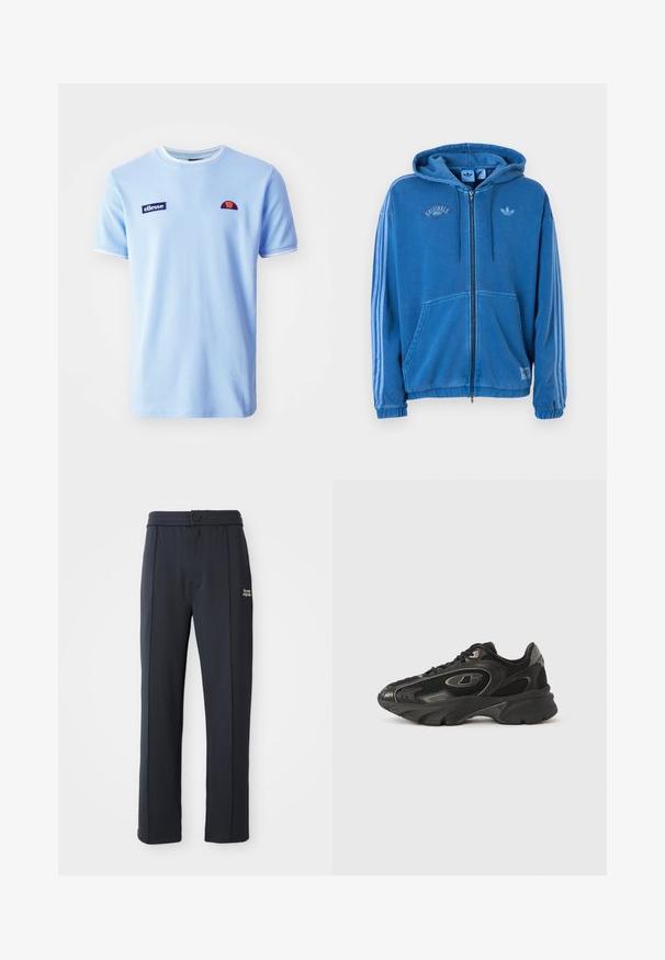 Blå hættetrøje med fuld lynlås, snore, forlommer, tre lyseblå striber på ærmerne og Adidas-logo på brystet og mærkerne.; Ellesse BELVIDER TEE - T-shirts print - light blue; Sorte lige ben bukser med elastisk talje, knaplukning, syninger og lille hvid "the new originals" logo på venstre lår.; Sorte atletiksko med mesh og syntetisk overdel, buet sål, polstret krave og subtile logoaccenter. Teksturerede detaljer på sidestykkerne.