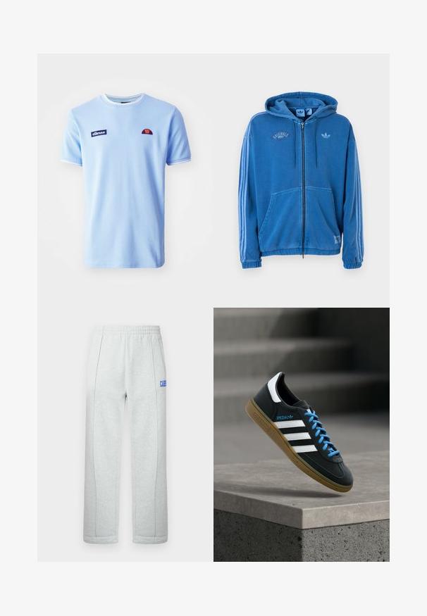 Sinine täislukuga kapuutsiga dressipluus nöörid, ees taskud, varrukatel kolm helesinist triipu ning rinnal ja siltidel Adidas logo.; Ellesse BELVIDER TEE - Trükipildiga T-särk - light blue; Helehallid dressipüksid elastse vöökohaga ja vertikaalsete õmbluse detailidega, paremal reiel osaline sinine tekst.; Must Adidas toss valgete triibu, siniste paelte ja kummist tallaga, hõljuv pehme valgusega halli betoonastme kohal.