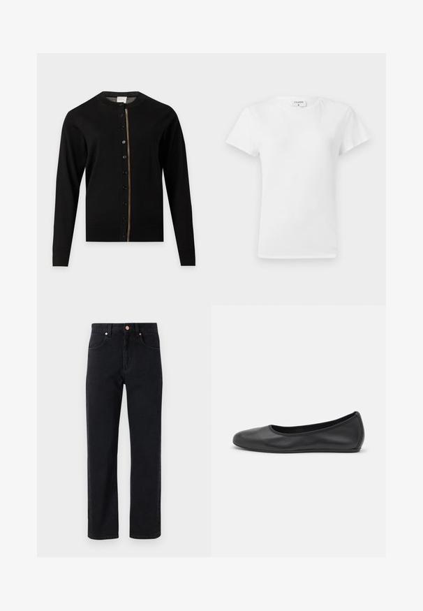 Zwarte cardigan met lange mouwen, een ronde halslijn, knopen aan de voorkant en een dunne meerkleurige streep langs de knopenlijn.; Witte katoenen t-shirt met ronde hals en korte mouwen, met een relaxed fit en een minimalistisch ontwerp. Etiket zichtbaar aan de hals.; Zwarte denim jeans met een recht model, vijf-pocket ontwerp, koperen knoopdetails en minimale zichtbare stiksels.; Zwarte leren ballerina met een ronde neus, gladde textuur, minimale stikdetails en een flexibele zoolontwerp.