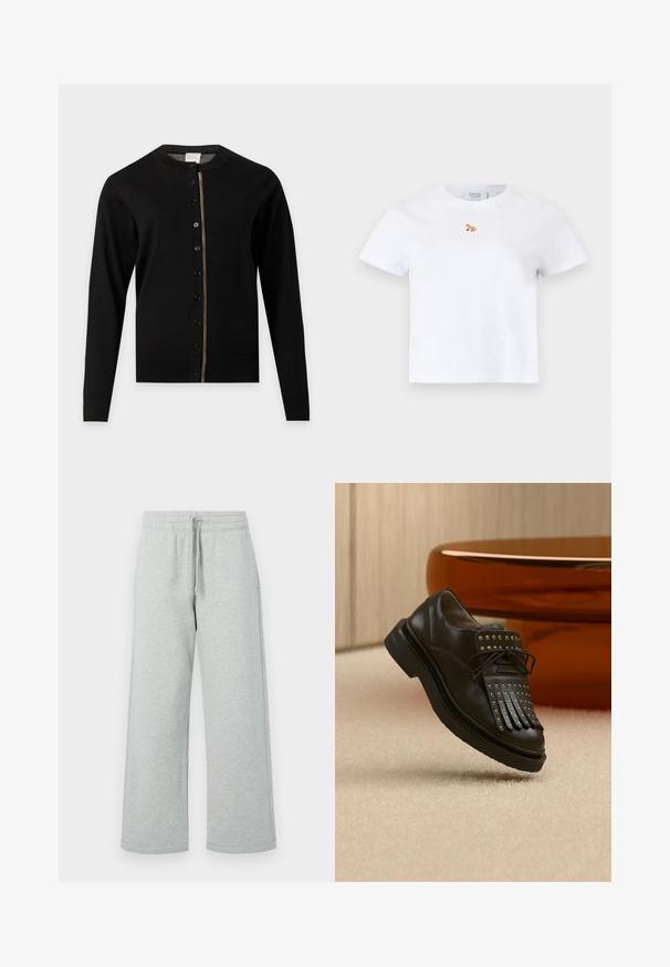 Zwarte cardigan met lange mouwen, een ronde halslijn, knopen aan de voorkant en een dunne meerkleurige streep langs de knopenlijn.; Witte T-shirt met korte mouwen en een klein oranje vossenlogo geborduurd op het midden van de borst, ronde hals en rechte zoom.; Grijze sweatpants gemaakt van zachte stof, met een elastische tailleband en een koord, en wijd uitlopende pijpen. Geen zichtbare patronen of hardware.; Zwarte lederen veterlaars met decoratieve franjes en metalen studs geplaatst op een beige tapijt nabij bruin meubilair.