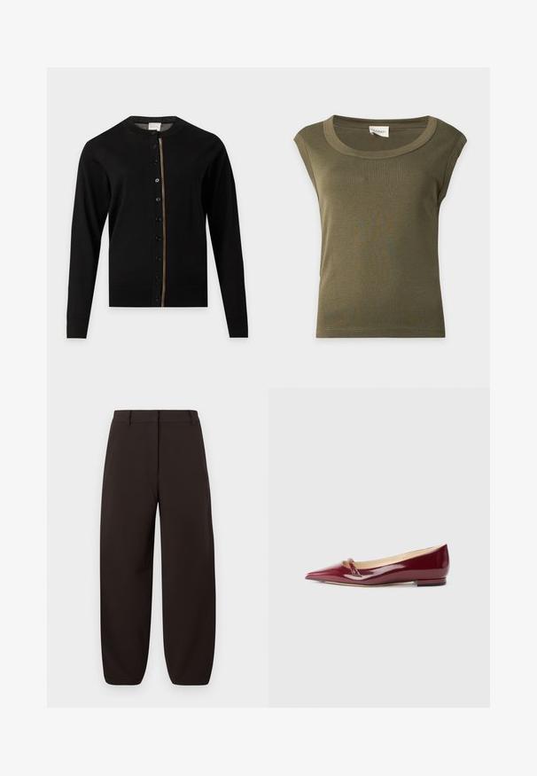 Cardigan noir à manches longues avec encolure ronde, boutons sur le devant et une fine bande multicolore le long de la ligne des boutons.; Haut en coton vert olive sans manches avec un large col rond et un ourlet cousu, présenté à plat sur un fond clair.; Pantalons larges marron foncé en tissu lisse avec une taille plate, passants de ceinture et chevilles cintrées. Pas de motifs ni de éléments en métal visibles.; Ballerines en cuir verni bordeaux avec un bout pointu, présentant un petit détail découpé et un petit talon. Texture lisse et design épuré.