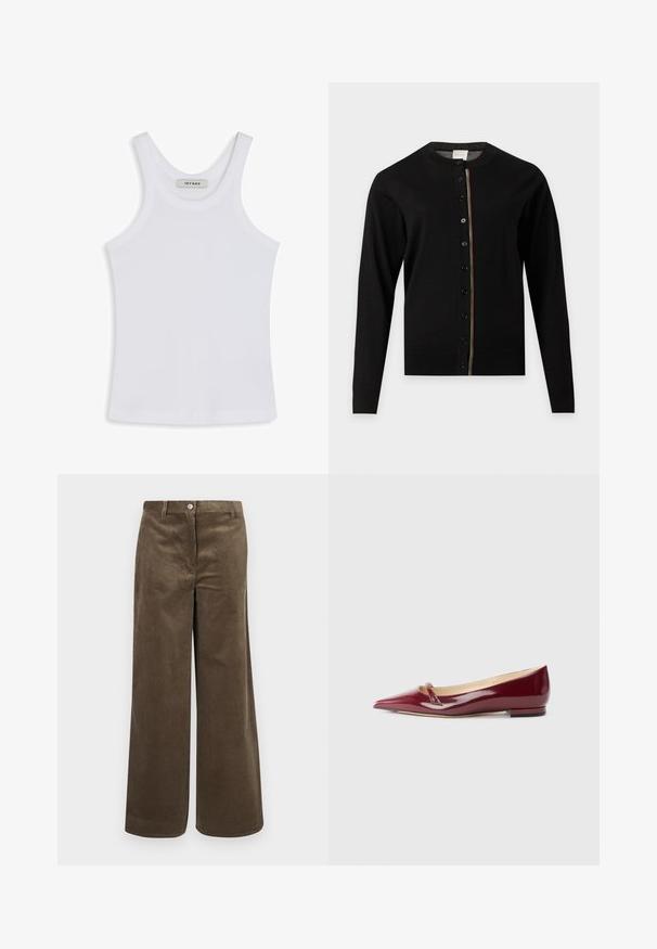 Schwarzer Cardigan mit langen Armen, rundem Ausschnitt, Knöpfen vorne und einem dünnen mehrfarbigen Streifen entlang der Knopfleiste.; Weißes Tanktop aus glattem Stoff, mit einem runden Ausschnitt und breiten Schulterträgern, innen mit einem Etikett "IVY OAK".; Braune Cord-Hosen mit weitem Bein und vertikaler Rippung, ausgestattet mit einem Vorderknopfverschluss und einem normalen Bund. Glatte Textur, lässiges Design.; Burgunderfarbene Lacklederballerinas mit spitzem Zehenbereich, ausgestattet mit einem kleinen Ausschnitt und einem niedrigen Absatz. Glatte Textur und elegantes Design.