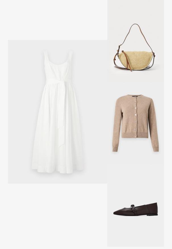 Beige cardigan lavet af blødt stof; har rund hals og ærmer i fuld længde. Syv dekorative knapper foran forbedrer designet.; Hvid sømløs kjole med en tætsiddende overdel og en svævende, midi-længde nederdel. Har et bundet taljebælte og en glat, bomuldsstruktur.; Mørkebrune flade sko med spids tå og lav hæl samt en dekorativ ankelrem med en sølvspænde på en ensfarvet baggrund.; Vævet stråtask med en halvmåneform, der har en brun læderrem og accenter. Textureret, naturlig farve med glatte kanter.