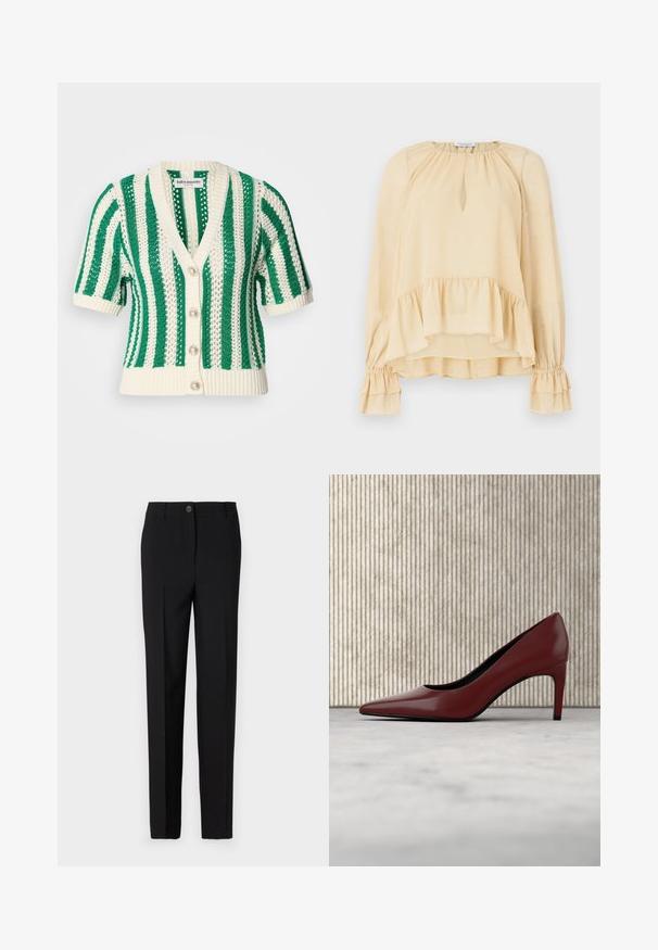 Cárdigan de manga corta tejido con escote en V, patrón de rayas verdes y blancas, botones de perla y dobladillo y puños acanalados.; Blusa beige de manga larga con sutiles destellos, escote en forma de ojal, dobladillo con volantes y puños con volantes fruncidos sobre un fondo liso.; Pantalones negros ajustados con un diseño de pierna recta, con cierre de botón y trabillas para cinturón, fabricados con tela suave.; Zapato de tacón alto de color rojo oscuro con punta afilada colocado sobre un suelo claro y reflectante cerca de un organizador metálico para archivos.
