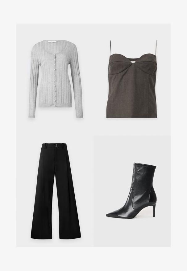 Grau gerippter Cardigan mit langen Ärmeln, rundem Ausschnitt und Knopfleiste. Verfügt über einen strukturierten Stoff und eine taillierte Passform.; Dunkelgraues trägerloses Bustier-Top mit dünnen Spaghettiträgern und dezenten Naht-Details auf weißem Hintergrund.; Schwarze, weit geschnittene Hose aus glattem Stoff, mit hoher Taille, Falten und einem Logo auf der Rückseite. Sauberes, maßgeschneidertes Design ohne Muster.; Schwarze Stiefeletten aus glattem Leder, mit einer spitzen Zehe, schmalem Schaft und schlanker, hoher Ferse. Minimalistisches Design ohne sichtbare Beschläge.