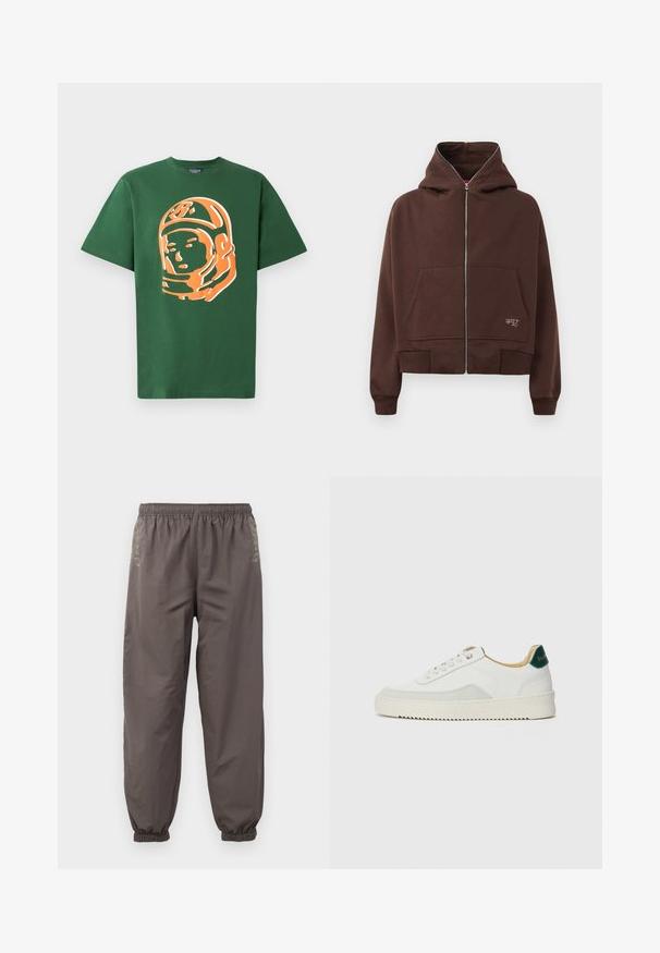Brun zip-up hættejakke med snor i hætten, to forlommer og ribbede manchetter. Har et lille logo i hvidt på den nederste side.; Grøn bomulds t-shirt med et stort orange astronaut grafik på fronten, med korte ærmer og en afslappet pasform.; Mørkegrå, elastiske bukser med en afslappet pasform. Har samlede manchetter og subtil broderi på siderne. Letvægtsstof.; Hvide sneakers med ruskindsdetaljer, rund tå, flade snørebånd og en cremet gummisål. Har grøn branding på hælen.
