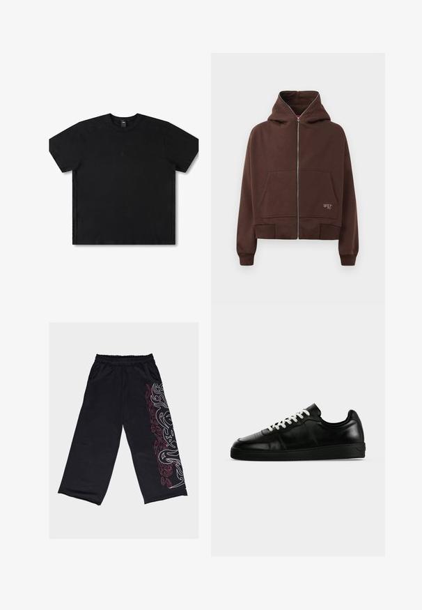 Hnedá mikina na zips s kapucňou na šnúrku, dvoma prednými vreckami a žebrovanými manžetami. Obsahuje malé logo v bielej farbe na dolnej strane.; Čierne tričko s krátkym rukávom vyrobené z bavlny s okrúhlym výstrihom, s jemným logom na strede a vo voľnom strihu.; Čierne široké nohavice z mäkkej látky. Majú biely a červený tribal vzor na ľavej strane, s elastickým pásom a vreckami.; Čierny nízky kožený teniska s bielymi šnúrkami, plochou čiernou podrážkou a jemnými švami, zobrazený z bočného profilu na sivom pozadí.