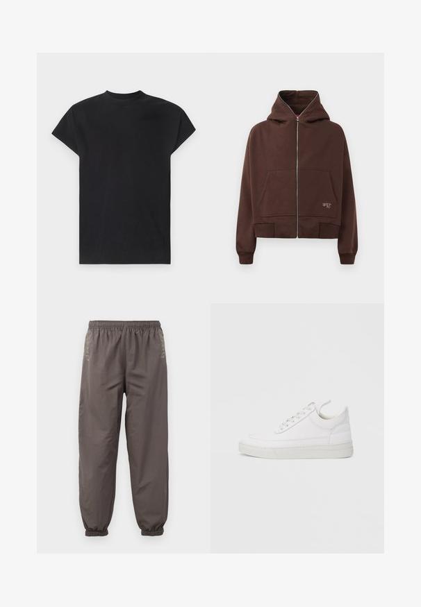Braune Zip-Hoodie mit Kapuze und Kordelzug, zwei Fronttaschen und gerippten Bündchen. Verfügt über ein kleines Logo in Weiß auf der unteren Seite.; Won Hundred CREED - T-Shirt basic - black; Dunkelgraue, elastische Hosen mit lockerer Passform. Mit gerafften Bündchen und dezentem Stickerei an den Seiten. Leichter Stoff.; Weißer Ledersneaker mit abgerundetem Zehenbereich, flacher Sohle und Schnürverschluss. Verfügt über Nahtdetails und einen gepolsterten Kragen für zusätzlichen Komfort.