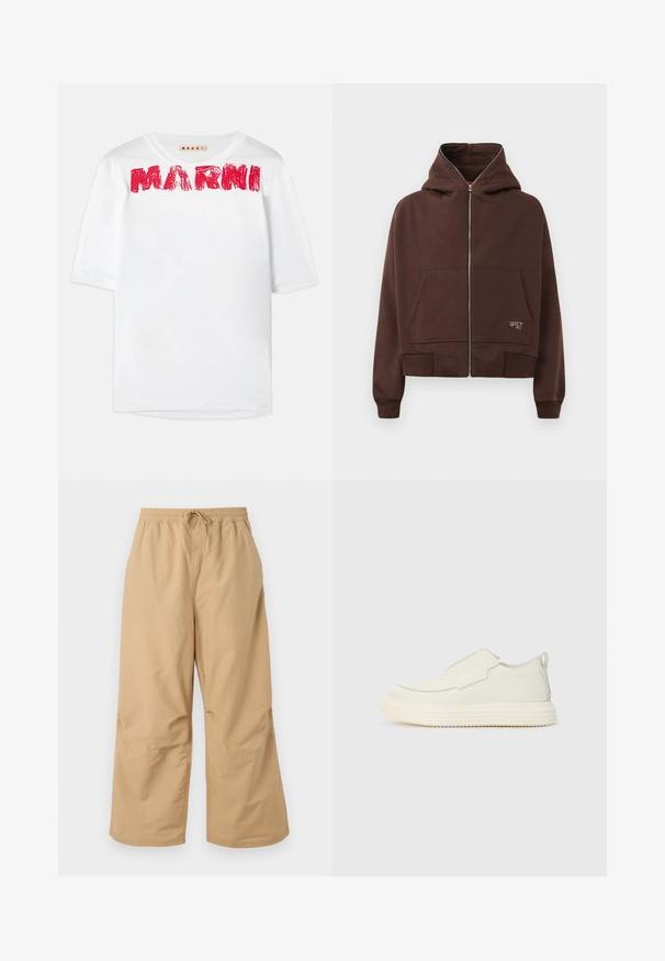 Hnedá mikina na zips s kapucňou na šnúrku, dvoma prednými vreckami a žebrovanými manžetami. Obsahuje malé logo v bielej farbe na dolnej strane.; Biele tričko s krátkym rukávom a širokým okrúhlym výstrihom, s potlačeným logom "MARNI" v červenej farbe, s mierne textúrovanou látkou.; Béžové nohavice so širokými nohavicami vyrobené z ľahkého materiálu, s elastickým pásom a šnúrkou na stiahnutie, a s vyšívanými detailmi pri leme.; Slip-on teniska z textúrovaného materiálu v krémovo bielej farbe s hrubou, ryhovanou podrážkou. Charakteryzuje sa minimálnymi švami a jemným svetlomodrým akcentom.