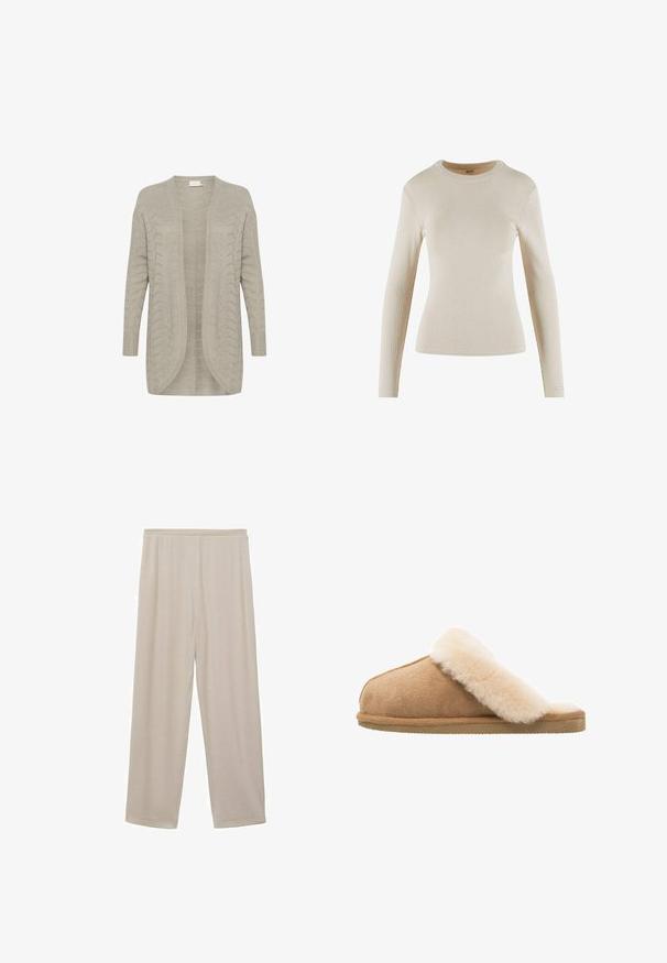 Cardigan tricoté gris clair avec une ouverture sur le devant, des manches longues, des poignets côtelés et un motif en chevrons texturé sur toute la surface. Finition en tissu doux.; Haut beige à manches longues en côte avec un col rond ; présente un design ajusté et un petit logo en détail sur le poignet.; Pantalons en coton beige légers, avec une coupe droite, une taille élastique et une texture douce. Pas de motifs ni de matériel visible.; Chausson en suède beige à enfiler avec une doublure en laine de mouton crème douce et moelleuse. Doté d'une semelle en caoutchouc texturé et plate pour une meilleure adhérence.