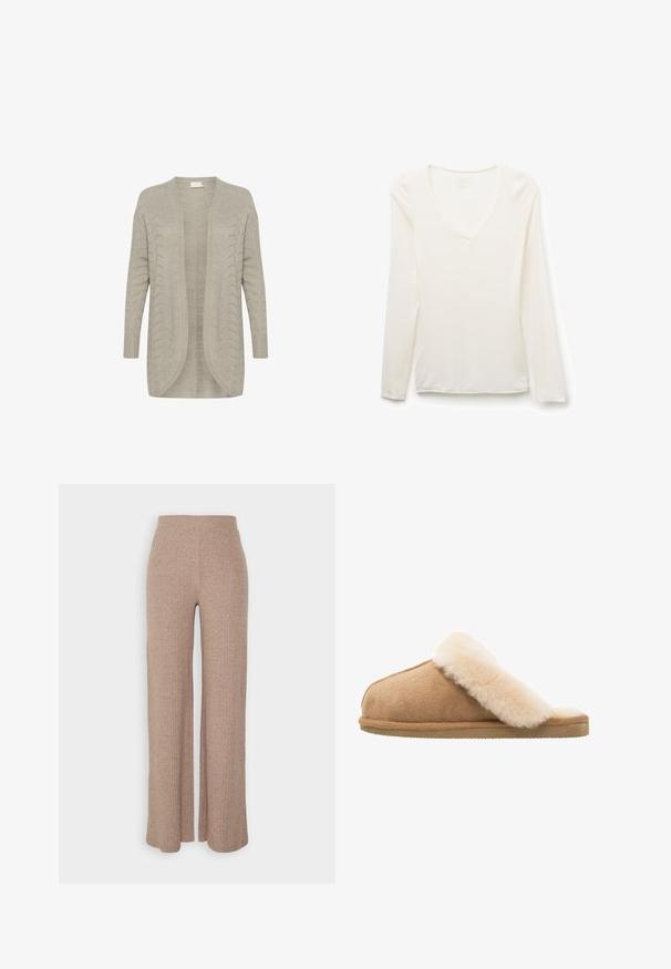 Cardigan tricoté gris clair avec une ouverture sur le devant, des manches longues, des poignets côtelés et un motif en chevrons texturé sur toute la surface. Finition en tissu doux.; T-shirt blanc manches longues col en V, coupe slim, posé à plat sur fond blanc.; Pantalons larges en beige à côtes avec une taille haute et une texture douce, présentant une coupe loose et sans fermetures visibles.; Chausson en suède beige à enfiler avec une doublure en laine de mouton crème douce et moelleuse. Doté d'une semelle en caoutchouc texturé et plate pour une meilleure adhérence.