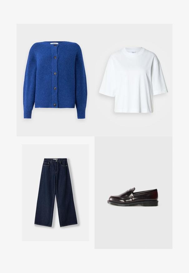 Blå strikket cardigan med rund halsudskæring, lange ærmer og seks sorte knapper foran. Teksturstof med en blød finish.; Hvid cropped t-shirt med korte ærmer, rund halsudskæring, lavet af blødt bomuldsmateriale, med et enkelt og rent design.; Mørkeblå vidde denimjeans med knap- og lynlås foran, forlommer og bæltestropper, lagt fladt på en hvid baggrund.; Bordeaux læder loafers med en glat overflade, en hævet sømdetalje og en gummisål. Designet med en rund tå og minimal hardware.