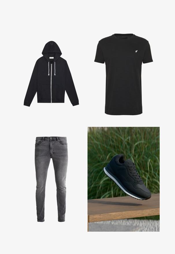 Zwarte zip-up hoodie met witte trekkoorden, voorzakken en een zichtbaar "Pier One" merklabel binnenin de kraag.; Zwart T-shirt met korte mouwen van katoen, met een ronde hals en een klein wit vogellogo op de linkerkant van de borst.; Slim-fit grijze spijkerbroek van denim met een lichte rek. Beschikt over vijf zakken, een ritsopening en een contrasterende metalen knop. Versleten was textuur.; Zwarte sportieve schoen met een gestructureerde bovenkant, vetersluiting en contrasterende witte tussenzool; in de lucht weergegeven boven een houten oppervlak.