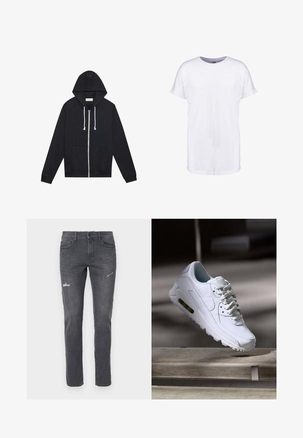 Sorte zip-up hoodie med hvide snore, forlommer og et synligt "Pier One" mærkeskilt indeni kraven.; Hvid bomulds t-shirt med korte ærmer, rund halsudskæring og en afslappet pasform. Glat tekstur og ingen synlige mønstre eller designs.; Mørkegrå jeans i denim med slim fit, med slidte detaljer og fem lommer. Klassisk design med diskret lysning og lige ben.; Hvide lædersneakers med teksturerede overflader, polstret krave og synlig luftpolstring i sålen. Har snørrebånd og et minimalistisk design.