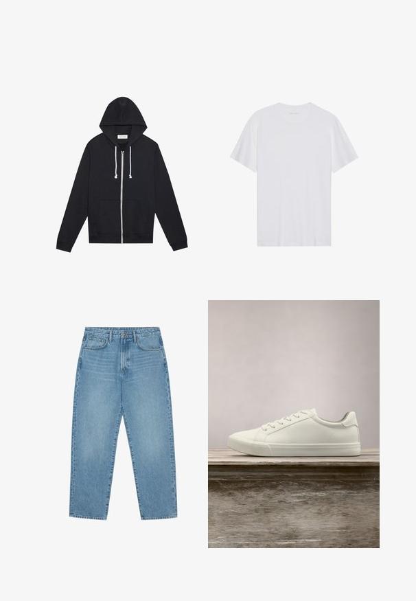 Sorte zip-up hoodie med hvide snore, forlommer og et synligt "Pier One" mærkeskilt indeni kraven.; Hvid bomulds T-shirt med korte ærmer, rund hals og en glat tekstur. Har minimal branding på halsudskæringen.; Lyseblå denimjeans med lige ben, fem-lomme design og en let falmet struktur. Indeholder knap- og lynlåslukning.; Hvide snørresneakers svævende over en træbænk med grønne planter i baggrunden, der fremhæver skodesign og tekstur.