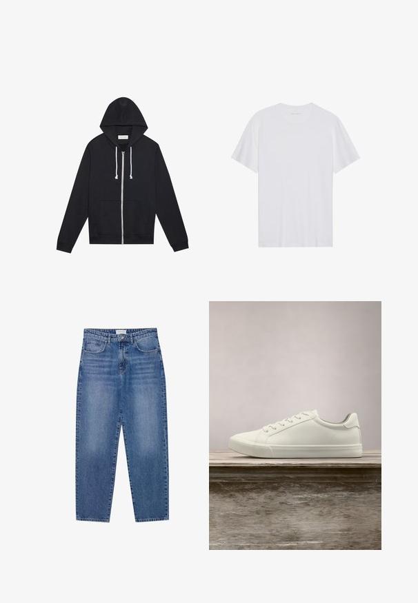 Sorte zip-up hoodie med hvide snore, forlommer og et synligt "Pier One" mærkeskilt indeni kraven.; Hvid bomulds T-shirt med korte ærmer, rund hals og en glat tekstur. Har minimal branding på halsudskæringen.; Blå denim jeans med høj talje, lige ben design og slidte finish. Har fem lommer og en knaplukning.; Hvide snørresneakers svævende over en træbænk med grønne planter i baggrunden, der fremhæver skodesign og tekstur.