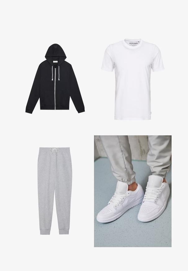 Pull à zip noir avec cordons blancs, poches avant et étiquette de marque "Pier One" visible à l'intérieur du col.; T-shirt blanc à manches courtes en coton, avec un col rond et un design simple. Étiquette de marque visible au niveau du cou. Aucun motif ni accent.; Un pantalon de survêtement gris en tissu doux, avec une taille élastique dotée d'un cordon de serrage, des poches latérales et des poignets côtelés aux chevilles.; Des baskets en cuir blanc présentent une zone de perforation à l'avant, des lacets plats, un col rembourré et le logo Jordan sur la languette. Portées avec un pantalon de jogging gris.