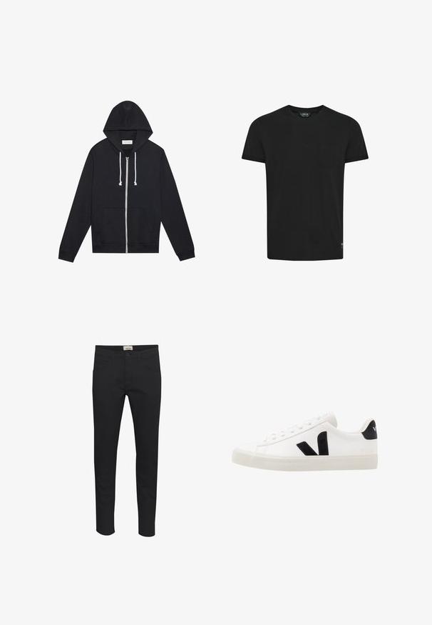 Pull à zip noir avec cordons blancs, poches avant et étiquette de marque "Pier One" visible à l'intérieur du col.; T-shirt en coton noir à manches courtes, col rond et une poche poitrine unique. Design simple sans motifs ni accents visibles.; Pantalon noir en tissu solide, avec une coupe standard, un design à cinq poches et une fermeture à bouton. Élégant et polyvalent.; Sneaker blanche en cuir avec des accents en daim noir ; dispose d'une semelle en caoutchouc, d'un bout rond et d'un design classique à lacets. Logo latéral en noir.