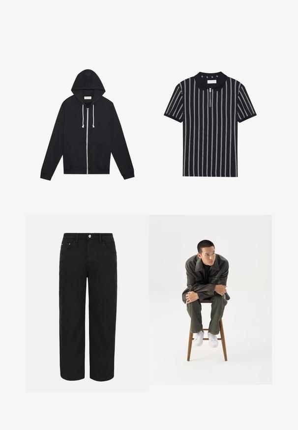 Sorte zip-up hoodie med hvide snore, forlommer og et synligt "Pier One" mærkeskilt indeni kraven.; Sort polo skjorte med hvide lodrette striber, korte ærmer og lynlås krave. Lavet af blødt stof, med et rent, struktureret design.; Sorte bukser med lige ben, forrest med knap- og lynlåslukning, bæltestropper og tre forlommer på en ensfarvet lys baggrund.; Ung mand i mørk læderjakke og jeans sidder på en træskammel, læner sig fremad med armene krydset og kigger til siden mod hvid baggrund.