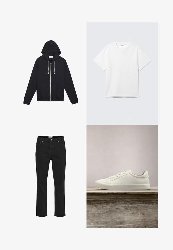 Sudadera con cremallera negra, con cordones blancos, bolsillos frontales y una etiqueta de la marca "Pier One" visible dentro del cuello.; Camiseta blanca de manga corta con cuello redondo, colocada plana, diseño liso, con etiqueta "WEEKDAY" en el interior del cuello sobre un fondo claro.; Vaqueros negros de corte recto con botón de metal y remaches, con bolsillos delanteros y traseros, mostrados sobre un fondo blanco.; Zapatilla blanca con cordones flotando sobre un banco de madera con follaje verde al fondo, mostrando el diseño y la textura del zapato.