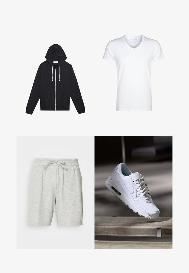 Zwarte zip-up hoodie met witte trekkoorden, voorzakken en een zichtbaar "Pier One" merklabel binnenin de kraag.; Witte V-hals t-shirt gemaakt van zachte katoen. Korte mouwen, een relaxte pasvorm en minimale stiksels. Geen patronen of grafische afbeeldingen aanwezig.; Lichtgrijze sportshorts gemaakt van zachte stof, met een elastische tailleband en een trekkoord voor een verstelbare pasvorm en twee zijzakken.; Witte leren sneaker met gestructureerde oppervlakken, gevoerde kraag en zichtbare luchtbescherming in de zool. Heeft veters en een minimalistisch ontwerp.