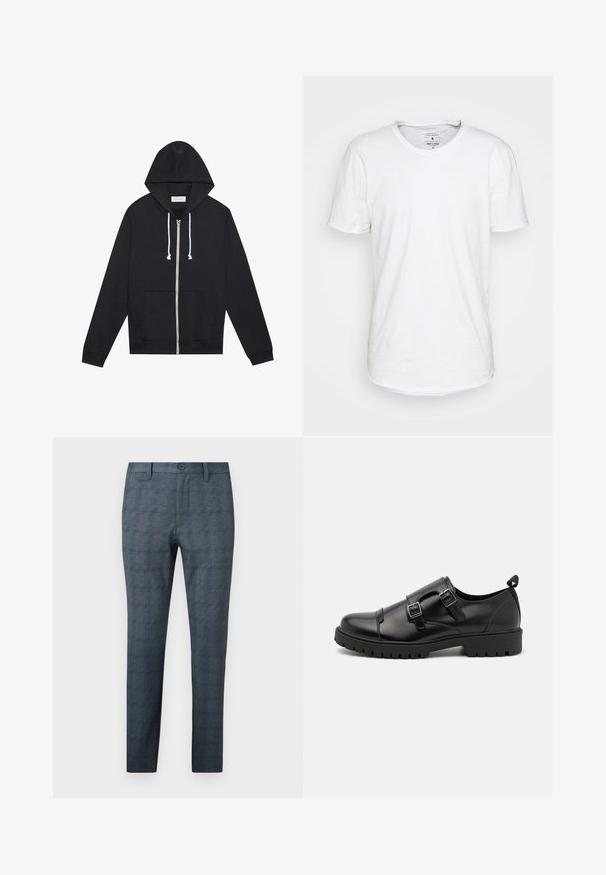 Sudadera con cremallera negra, con cordones blancos, bolsillos frontales y una etiqueta de la marca "Pier One" visible dentro del cuello.; Camiseta blanca de manga corta hecha de algodón con un escote clásico en forma de crew. Presenta un dobladillo ligeramente curvado y detalles de costura mínimos.; Pantalones de vestir para hombre de corte slim en azul grisáceo con un sutil patrón de cuadros, botón frontal, trabillas para cinturón y diseño frontal plano.; Pier One by Zalando Mocasines elegantes - black