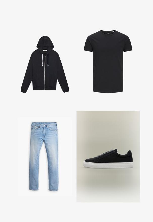 Pull à zip noir avec cordons blancs, poches avant et étiquette de marque "Pier One" visible à l'intérieur du col.; T-shirt en coton noir avec un col rond, des manches courtes et un design simple. Texture lisse, sans motifs ni éléments visibles.; Jean en denim bleu clair avec une coupe droite, cinq poches et un bouton de fermeture. Présente un léger délavage et des accents de couture orange.; Baskets basses noires avec semelle en caoutchouc blanche, design à lacets et col rembourré, présentées sur un fond gris neutre.