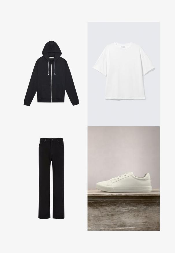 Zwarte zip-up hoodie met witte trekkoorden, voorzakken en een zichtbaar "Pier One" merklabel binnenin de kraag.; Witte oversized T-shirt met korte mouwen, ronde hals en verlaagde schouders, plat op een lichtgrijze achtergrond.; Zwarte denim broek met een recht model, voorzien van een knoopsluiting, riemlussen en voorzakken. Gladde textuur en uniforme kleur.; Witte vetersneaker die boven een houten bank zweeft met groene bladeren op de achtergrond, waarbij het ontwerp en de textuur van de schoen worden getoond.