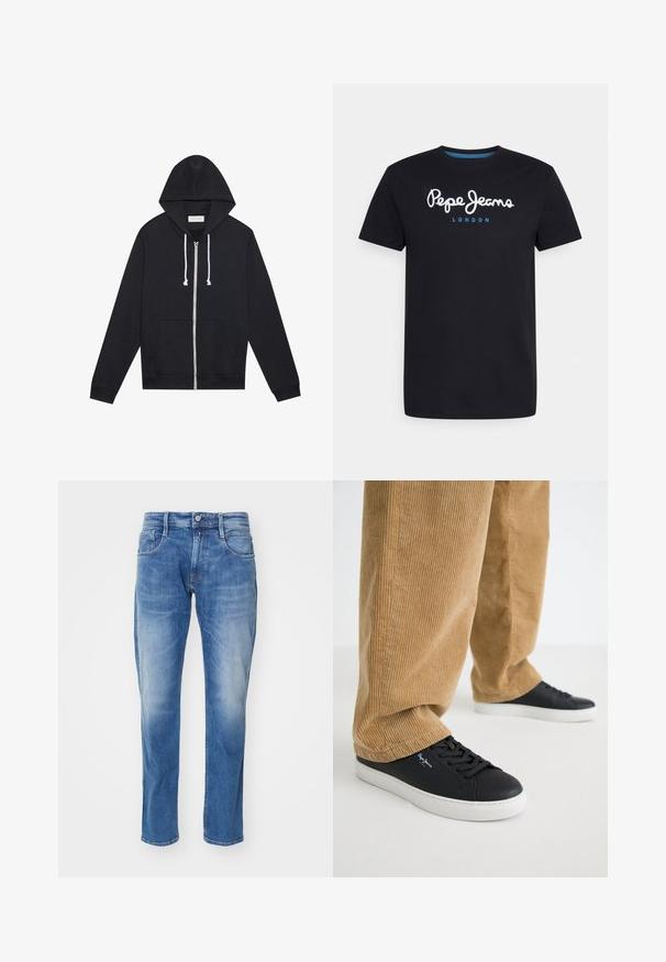 Sudadera con cremallera negra, con cordones blancos, bolsillos frontales y una etiqueta de la marca "Pier One" visible dentro del cuello.; Camiseta negra de algodón con un logo de guion en blanco "Pepe Jeans" con un acento azul, cuello redondo y mangas cortas. Diseño simple y sólido.; Jeans de mezclilla azul claro con corte recto, diseño de cinco bolsillos, un ligero desgastado y una cinturilla estándar con cierre de botón.; Zapatillas de cuero negro con suelas de goma blanca. Llevadas con pantalones de pana en color beige, con acanaladuras verticales y un ajuste relajado.