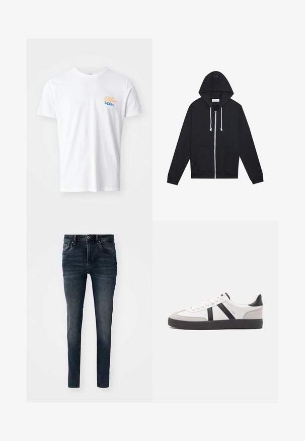 Schwarze Kapuzenjacke mit weißen Kordeln, Fronttaschen und einem sichtbaren "Pier One"-Markenetikett im Kragen.; Weißes Baumwoll-T-Shirt mit rundem Halsausschnitt und kurzen Ärmeln. Es verfügt über eine farbenfrohe Grafik mit gelben und blauen Elementen auf der Brust.; Dunkelblaue Jeans aus Denim mit schlanker Passform, fünf Taschen, geraden Beinen und Kontrastnähten, mit einem Knopf- und Reißverschluss.; Weiße Sneaker mit schwarz- und grau-aczenten, ausgestattet mit einer strukturierten grauen Zehenkappe, schwarzer Gummi-Sohle und flachen weißen Schnürsenkeln. Sauberes Design, minimalistische Stil.