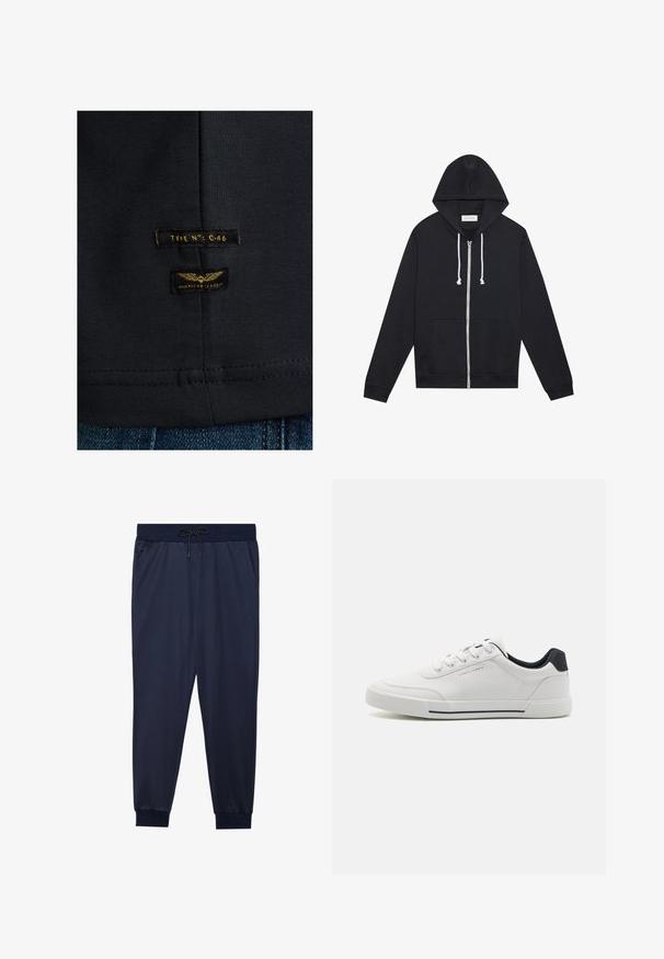 Schwarze Kapuzenjacke mit weißen Kordeln, Fronttaschen und einem sichtbaren "Pier One"-Markenetikett im Kragen.; Schwarzes Baumwoll-T-Shirt mit glatter Textur. Verfügt über zwei Etiketten: "TYPE NO: C-46" und "AMERICAN CLASSIC" in Gelb auf dunklem Stoff.; Marineblaue Sport-Jogginghose aus glattem Material, mit einem elastischen Taillenbund und Kordelzug, seitlichen Taschen und gerippten Bündchen.; Weiße Sneakers mit einem glatten synthetischen Obermaterial, runder Spitze, Schnürdesign, marineblauem Akzent an der Ferse und einer strukturierten Gummisohle mit einem schwarzen Streifen.
