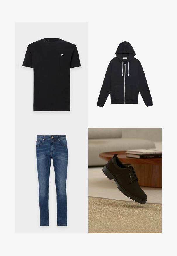 Schwarze Kapuzenjacke mit weißen Kordeln, Fronttaschen und einem sichtbaren "Pier One"-Markenetikett im Kragen.; Schwarz Baumwoll-T-Shirt mit kurzen Ärmeln, rundem Halsausschnitt und einem kleinen weißen Logo auf der linken Brustseite. Glatte Textur, schlichtes Design.; Dunkelblaue Jeans aus Denim mit geradem Bein, fünf Taschen, dezente Verwaschungen, kontrastierende Nähte und einem Knopfverschluss an der Taille.; Schwarzer Leder-Schnürschuh mit klobiger Sohle, der über einem beigen Teppich in einem minimalistischen Wohnzimmer schwebt