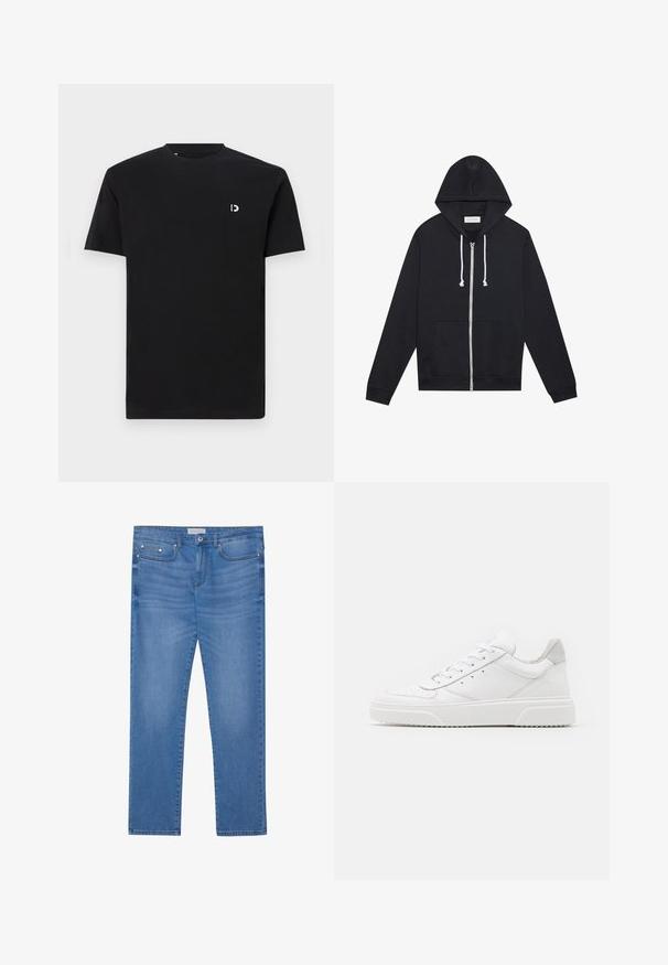 Pull à zip noir avec cordons blancs, poches avant et étiquette de marque "Pier One" visible à l'intérieur du col.; T-shirt en coton noir à manches courtes, col rond, avec un petit logo blanc sur la poitrine gauche. Texture lisse, design simple.; Jeans en denim bleu clair avec une coupe droite, design à cinq poches, décoloration subtile et accents en métal au niveau de la taille et des poches.; Des baskets en cuir blanc avec une finition lisse, un bout rond, des lacets plats et une semelle texturée. Accents en daim gris au niveau du talon.