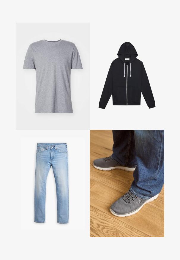 Schwarze Kapuzenjacke mit weißen Kordeln, Fronttaschen und einem sichtbaren "Pier One"-Markenetikett im Kragen.; Graues, kurzärmliges T-Shirt aus einem Baumwollmischgewebe, das über einen klassischen Rundkragen verfügt und eine glatte, weiche Textur aufweist.; Hellblaue Denim-Jeans mit geradem Schnitt, fünf Taschen und einer Knopfleiste. Verfügt über subtile Ausbleichungen und orangefarbene Nähte.; Graue Sportschuhe mit einem Mesh-Obermaterial, weißer Sohle und elastischen Schnürsenkeln. Kombiniert mit blauen Jeans auf einem Holzboden.