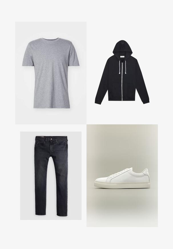 Schwarze Kapuzenjacke mit weißen Kordeln, Fronttaschen und einem sichtbaren "Pier One"-Markenetikett im Kragen.; Graues, kurzärmliges T-Shirt aus einem Baumwollmischgewebe, das über einen klassischen Rundkragen verfügt und eine glatte, weiche Textur aufweist.; Dunkelblaue Jeans aus Denim mit geradem Schnitt, ausgestattet mit einem vorderen Knopfverschluss, fünf Taschen-Design und dezenten, ausgewaschenen Stellen.; Weißer Sneaker mit niedrigem Schaft, vorn mit Schnürung und dicker Sohle, aus der Seitenansicht vor neutralem Hintergrund.