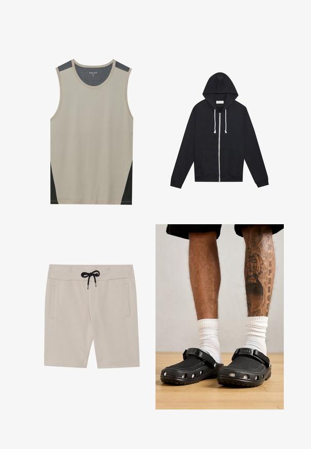 Sorte zip-up hoodie med hvide snore, forlommer og et synligt "Pier One" mærkeskilt indeni kraven.; Beige ærmeløs tanktop med mørkegrå skulderdetaljer og sorte sidelapper. Glat tekstur med en rund halsudskæring.; Beige shorts lavet af blød stof, med elastisk talje og sort snor samt to sidelommer. Enkel design og lige snit.; Sorte træsko med en struktureret overdel, justerbar rem og ventilationshuller, parret med hvide ankelsokker og shorts over knæene.