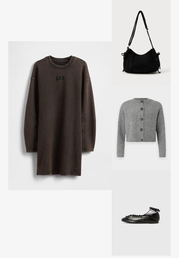 Cardigan gris court avec texture côtelée, col rond et six boutons foncés sur le devant. Manches longues avec poignets côtelés.; Robe sweat-shirt oversize marron en matière douce, avec un col rond et un logo "GAP" brodé sur la poitrine.; Ballerines en cuir verni noir avec un bout rond, un design à lacets et une semelle plate. Texture lisse avec peu de détails.; Sac à épaule en velours côtelé noir avec une forme courbée, bandoulière réglable et fermetures à cordon des deux côtés pour un ajustement de taille.