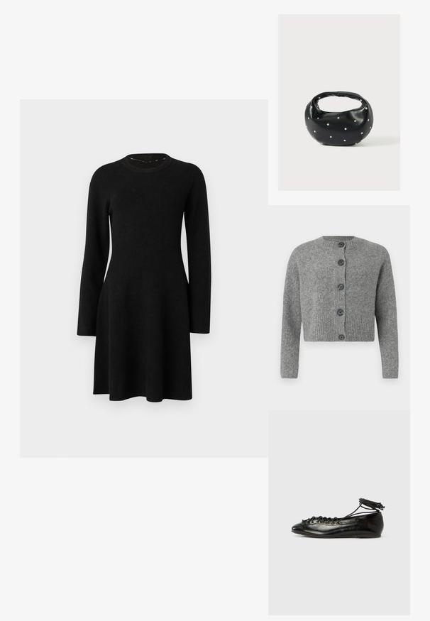 Cardigan gris court avec texture côtelée, col rond et six boutons foncés sur le devant. Manches longues avec poignets côtelés.; Robe noire à manches longues en tissu doux. Dotée d'un col rond, d'un corsage ajusté et d'une jupe évasée, avec une texture lisse. Sans motifs ni accents.; Ballerines en cuir verni noir avec un bout rond, un design à lacets et une semelle plate. Texture lisse avec peu de détails.; Sac à main en cuir noir de forme arrondie, décoré de clous argentés et équipé d'une poignée courte. Texture lisse et fermeture éclair.