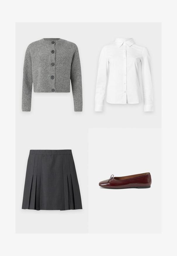 Grijze geknipte cardigan met ribbeltextuur, ronde halslijn en zes donkere knopen aan de voorkant. Lange mouwen met ribbelboorden.; Witte blouse met lange mouwen en knopen, met puntige kraag, rechte zoom en aansluitende silhouet, weergegeven op een effen lichte achtergrond.; ONLY ONLMARION PLEAT SKIRT - Minirok - dark grey melange; Bordeaux gepatenteerd lederen ballerina met een ronde neus, een klein strikaccent aan de voorkant en een lage, zwarte rubberen zool. Glad textuur.
