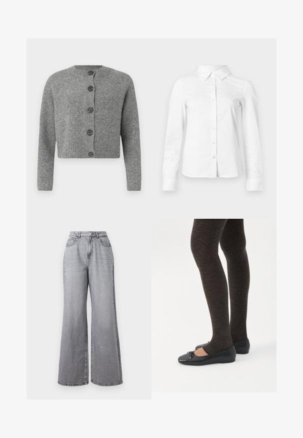 Grijze geknipte cardigan met ribbeltextuur, ronde halslijn en zes donkere knopen aan de voorkant. Lange mouwen met ribbelboorden.; Witte blouse met lange mouwen en knopen, met puntige kraag, rechte zoom en aansluitende silhouet, weergegeven op een effen lichte achtergrond.; Lichtgrijze wijde denimjeans met een hoge taille, vijf zakken en een subtiele vervaagde textuur. Gesp en rits van metaal.; Benen met donkere geribbelde leggings gecombineerd met zwarte ballerina's met kleine strikdetails op een witte achtergrond.