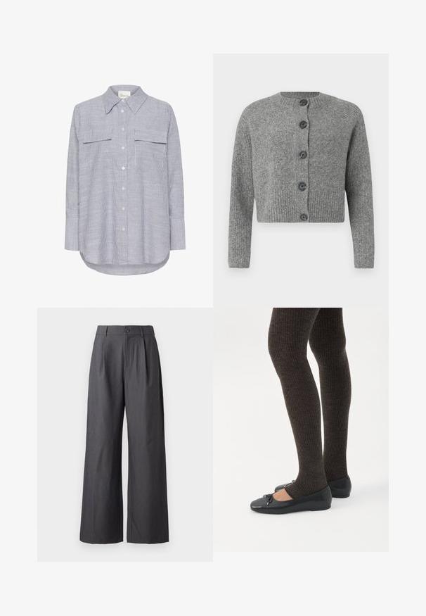 Grå kort cardigan med ribbet tekstur, rund halsudskæring og seks mørke knapper foran. Lange ærmer med ribbet manchetter.; Stribet skjorte i blå og hvid. Har en klassisk krave, to brystlommer og lange ærmer med knapmanchetter.; Mørkegrå bukser med vide ben, plisseringer, bæltestropper og knaplukning ved taljen, vist på en ensfarvet baggrund.; Ben iført mørke ribbede leggings kombineret med sorte balletsko med små sløjfedetaljer på hvid baggrund.