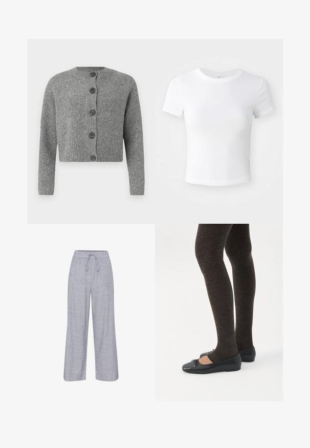 Cárdigan corto gris con textura acanalada, cuello redondo y seis botones oscuros en la parte delantera. Mangas largas con puños acanalados.; Camiseta corta de manga corta blanca, con cuello redondo, exhibida sobre un fondo neutral claro.; Pantalones anchos de rayas grises y blancas con cintura elástica y cordón. Tela ligera con un corte relajado.; Piernas con leggings oscuros acanalados combinados con bailarinas negras que presentan pequeños detalles de lazo sobre un fondo blanco.