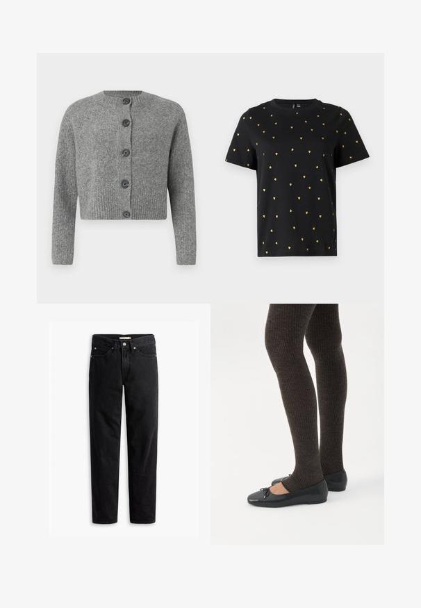 Grå kort cardigan med ribbet tekstur, rund halsudskæring og seks mørke knapper foran. Lange ærmer med ribbet manchetter.; Sort T-shirt med korte ærmer lavet af bomuld, prydet med små guld hjerter, der er jævnt fordelt over stoffet. Rund halsudskæring.; Sorte straight-leg jeans med knap- og lynlåslukning, bæltestropper samt for- og baglommer, vist fladt på hvid baggrund.; Ben iført mørke ribbede leggings kombineret med sorte balletsko med små sløjfedetaljer på hvid baggrund.