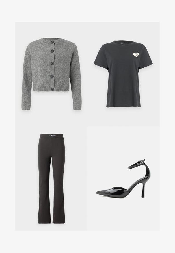 Cardigan gris court avec texture côtelée, col rond et six boutons foncés sur le devant. Manches longues avec poignets côtelés.; T-shirt noir à manches courtes avec col rond, orné d'un petit dessin en forme de cœur blanc sur la poitrine gauche.; Pantalons évasés noirs en tissu extensible avec une texture lisse. Dotés d'une large ceinture avec des détails de logo en haut.; Escarpin à talon haut en cuir verni noir à bout pointu avec bride à la cheville et boucle argentée, talon stiletto, vue de côté sur fond uni.