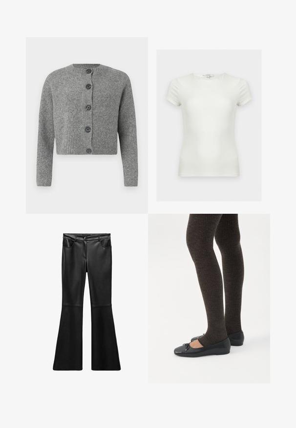Cárdigan corto gris con textura acanalada, cuello redondo y seis botones oscuros en la parte delantera. Mangas largas con puños acanalados.; Camiseta blanca lisa ajustada con mangas cortas y escote redondo, mostrada sobre un fondo neutro.; Pantalones acampanados de cuero sintético negro con una textura suave, cintura alta, bolsillos frontales y cremallera. Presentan detalles de costura en las piernas.; Piernas con leggings oscuros acanalados combinados con bailarinas negras que presentan pequeños detalles de lazo sobre un fondo blanco.