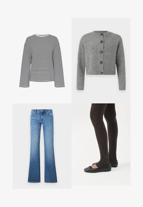 Cardigan gris court avec texture côtelée, col rond et six boutons foncés sur le devant. Manches longues avec poignets côtelés.; Chemise à manches longues rayée noir et blanc avec un col rond. Tissu doux, coupe décontractée et accents de col contrastants.; Jean flare bleu clair en denim. Comprend un design à cinq poches, une fermeture par bouton métallique et un léger délavage près des genoux.; Jambes portant des leggings côtelés foncés associés à des ballerines noires avec de petits détails en nœud sur fond blanc.