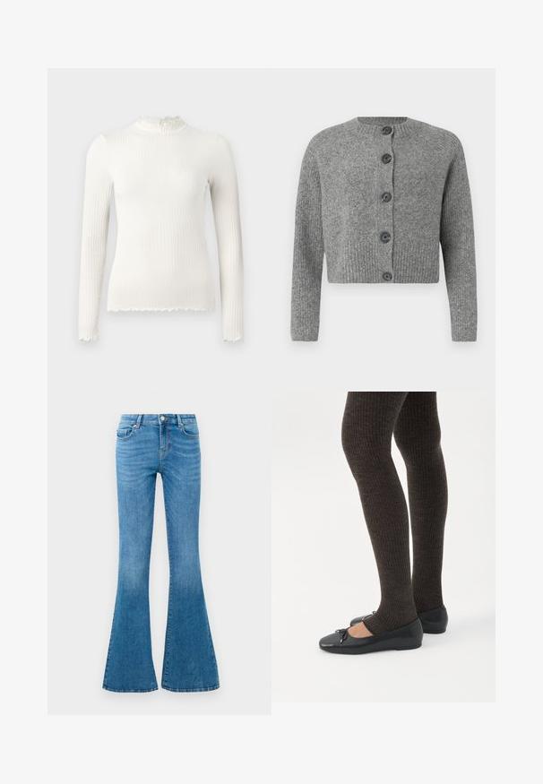 Cardigan gris court avec texture côtelée, col rond et six boutons foncés sur le devant. Manches longues avec poignets côtelés.; Top blanc à manches longues en maille côtelée avec encolure haute et ourlet à bord ondulé, coupe ajustée, présenté sur un fond uni gris clair.; Jean flare en denim bleu avec une taille mi-haute, comportant cinq poches, un bouton standard et un léger délavage pour la texture.; Jambes portant des leggings côtelés foncés associés à des ballerines noires avec de petits détails en nœud sur fond blanc.
