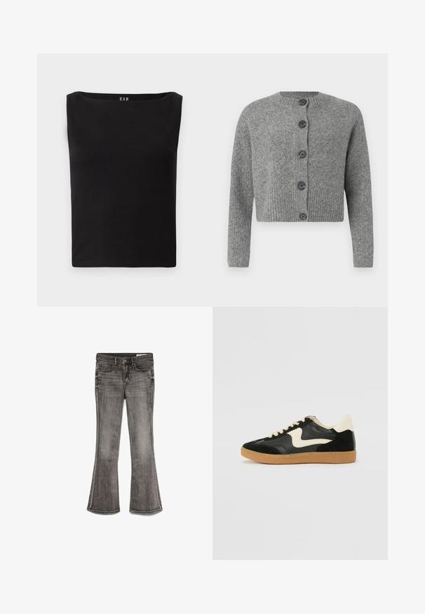 Cardigan gris court avec texture côtelée, col rond et six boutons foncés sur le devant. Manches longues avec poignets côtelés.; Haut noir ajusté avec un décolleté carré, fabriqué en matériau en coton doux, sans motifs ni accents supplémentaires. Design simple et épuré.; Jean évasé en denim noir délavé avec une légère brillance. Dispose de cinq poches et de coutures contrastantes le long des bords.; Baskets en daim et cuir noir avec un swoosh latéral crème et un talon crème clair. Dotées de lacets beige et d'une semelle en caoutchouc gomme.