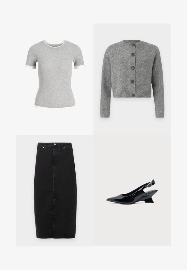Cárdigan corto gris con textura acanalada, cuello redondo y seis botones oscuros en la parte delantera. Mangas largas con puños acanalados.; Camiseta de punto gris ajustada de manga corta con ribete blanco en las mangas, el escote y el dobladillo.; Falda de mezclilla negra con cintura alta, largo hasta la rodilla, costura frontal y diseño clásico de cinco bolsillos. Cuenta con botón metálico y textura sutil.; Zapato slingback de cuero charol negro con puntera puntiaguda y tacón bajo en bloque inclinado sobre fondo claro liso.